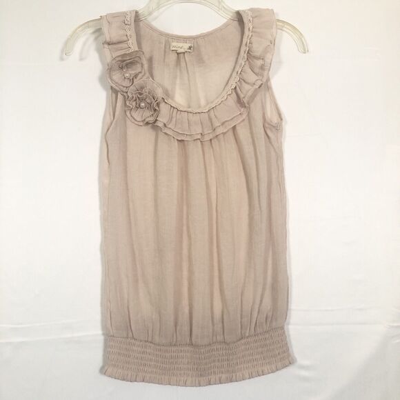 Mine Sheer Pullover Blouse Top Size S Scoop Neck Pearl Rosettes Beige - Picture 5 of 16